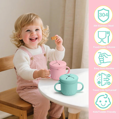 Snack Cups for Toddlers Spill Proof, Stainless Steel Snack Containers for Kids, Reusable Toddler Snack Containers with Lid & Handle, Baby Snack Cups, Dishwasher Safe 2 Pack