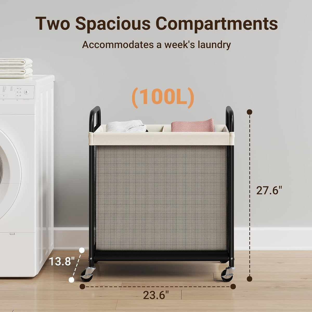 Laundry Hamper 2 Section, 100L Rolling Laundry Sorter with Wheels