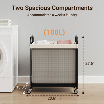 Laundry Hamper 2 Section, 100L Rolling Laundry Sorter with Wheels