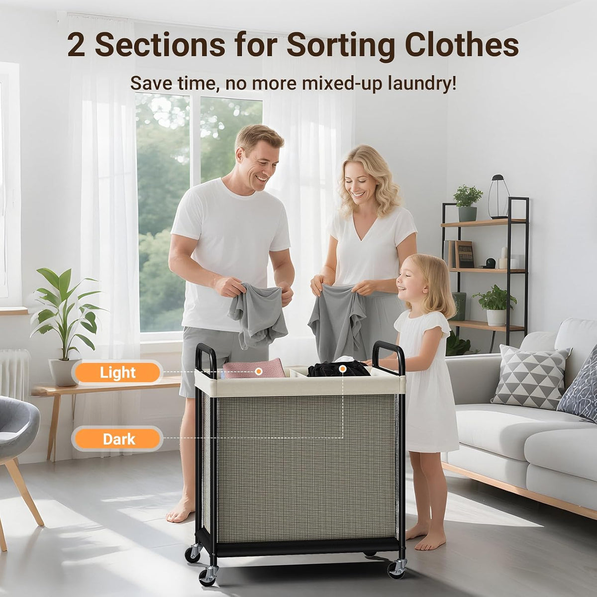 Laundry Hamper 2 Section, 100L Rolling Laundry Sorter with Wheels