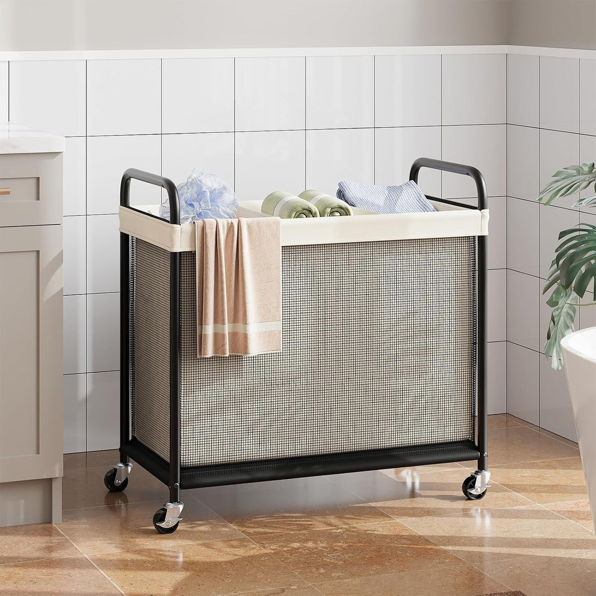 Laundry Hamper 2 Section, 100L Rolling Laundry Sorter with Wheels