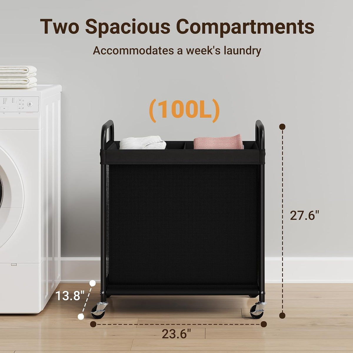 Laundry Hamper 2 Section, 100L Rolling Laundry Sorter with Wheels