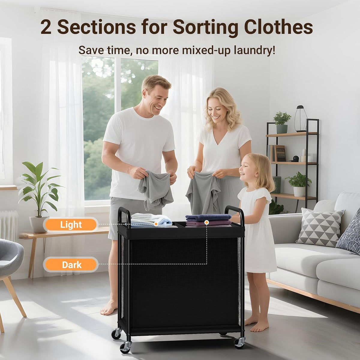 Laundry Hamper 2 Section, 100L Rolling Laundry Sorter with Wheels