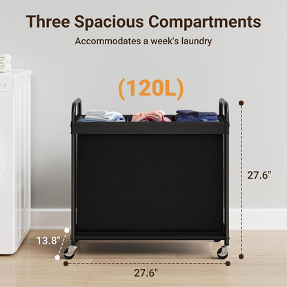 Laundry Hamper 2 Section, 100L Rolling Laundry Sorter with Wheels