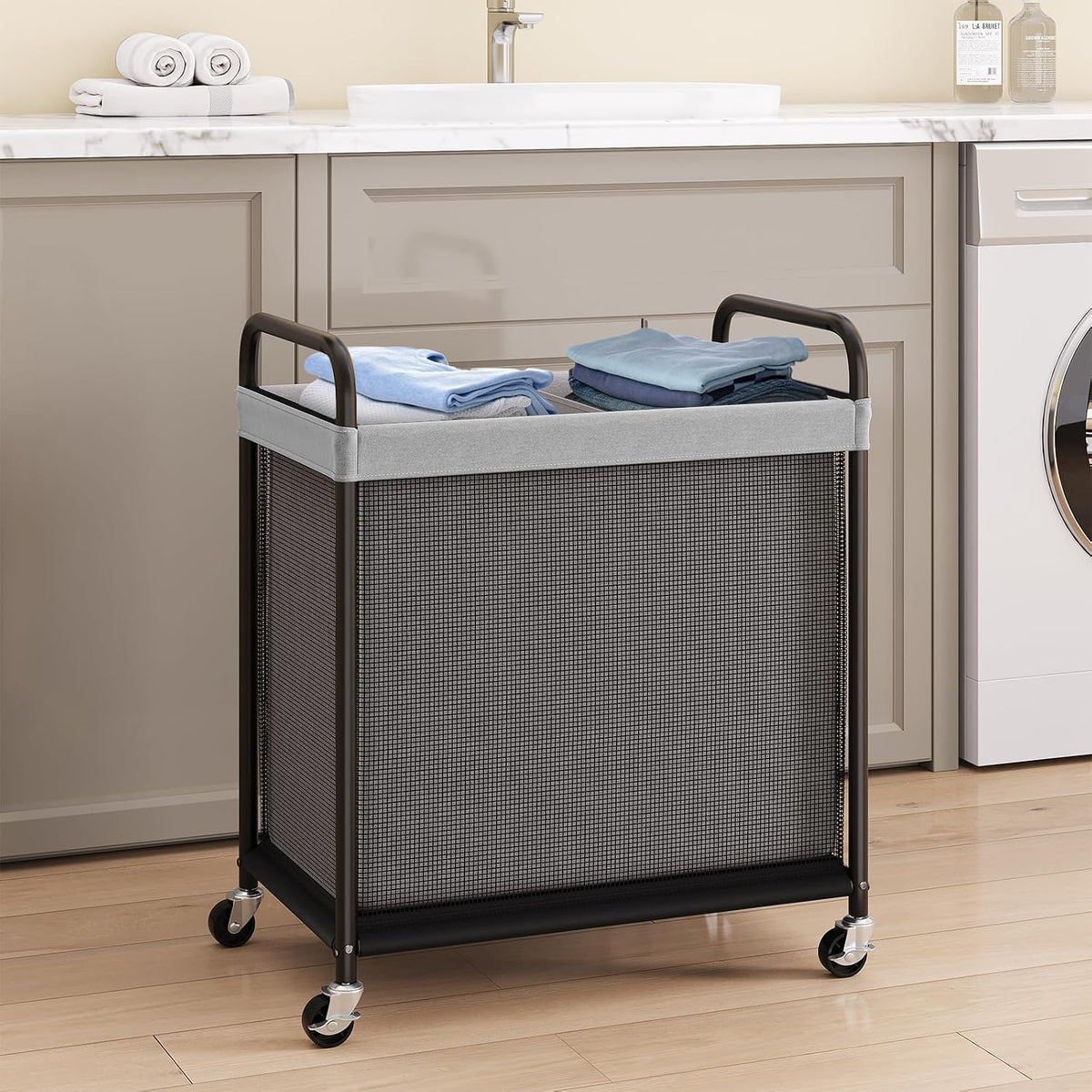 Laundry Hamper 2 Section, 100L Rolling Laundry Sorter with Wheels