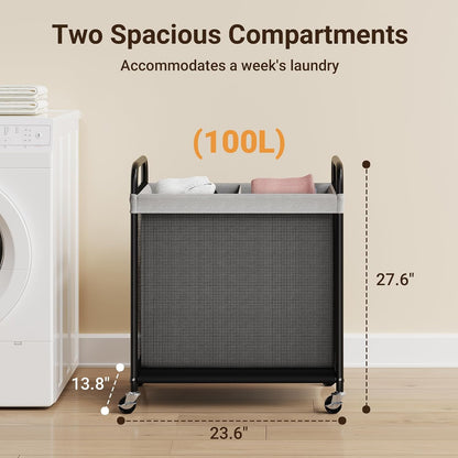 Laundry Hamper 2 Section, 100L Rolling Laundry Sorter with Wheels