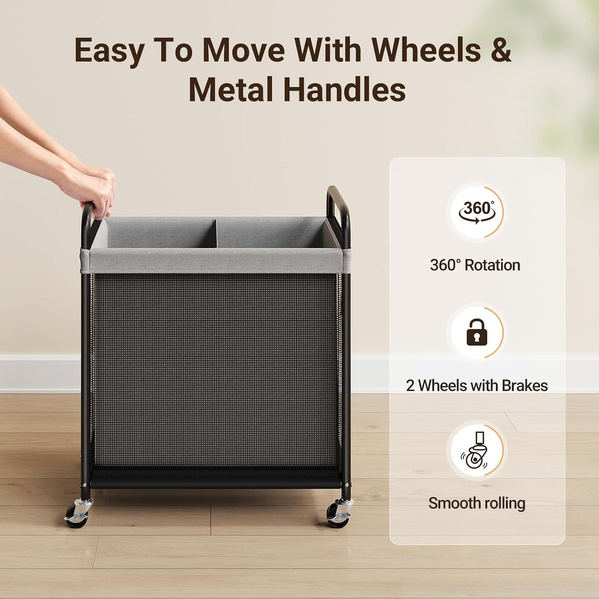 Laundry Hamper 2 Section, 100L Rolling Laundry Sorter with Wheels