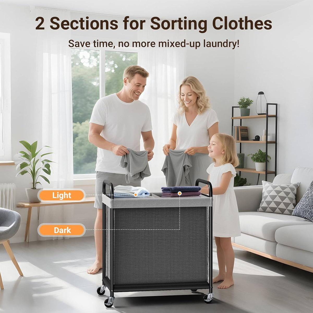 Laundry Hamper 2 Section, 100L Rolling Laundry Sorter with Wheels
