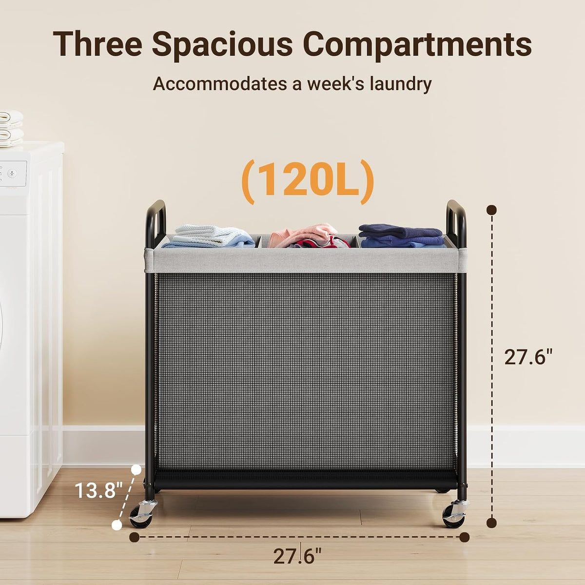 Laundry Hamper 2 Section, 100L Rolling Laundry Sorter with Wheels