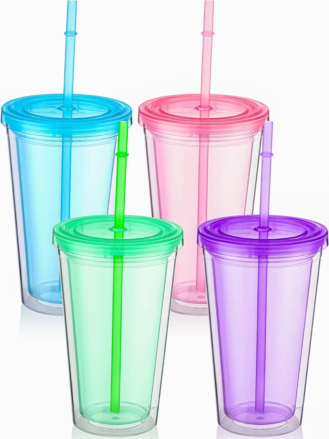 4 Pieces Insulated Double Wall Plastic Tumbler with Lids and Straws Reusable Transparent Plastic Cup 16 oz Tumbler Bulk for Coffee Drinks Milk Tea Juice, Pink, Blue, Green, Purple