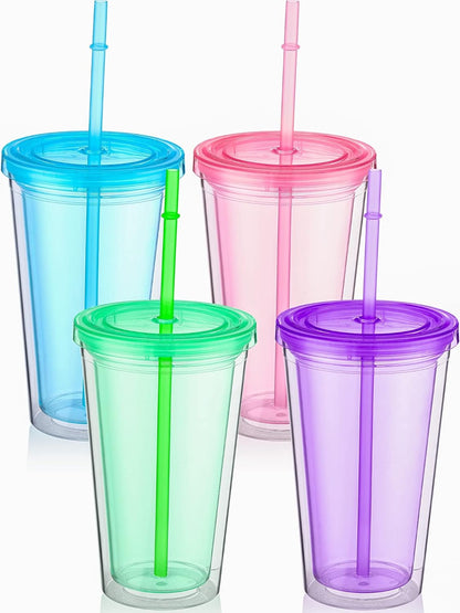 4 Pieces Insulated Double Wall Plastic Tumbler with Lids and Straws Reusable Transparent Plastic Cup 16 oz Tumbler Bulk for Coffee Drinks Milk Tea Juice, Pink, Blue, Green, Purple