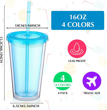 4 Pieces Insulated Double Wall Plastic Tumbler with Lids and Straws Reusable Transparent Plastic Cup 16 oz Tumbler Bulk for Coffee Drinks Milk Tea Juice, Pink, Blue, Green, Purple