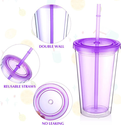 4 Pieces Insulated Double Wall Plastic Tumbler with Lids and Straws Reusable Transparent Plastic Cup 16 oz Tumbler Bulk for Coffee Drinks Milk Tea Juice, Pink, Blue, Green, Purple