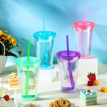 4 Pieces Insulated Double Wall Plastic Tumbler with Lids and Straws Reusable Transparent Plastic Cup 16 oz Tumbler Bulk for Coffee Drinks Milk Tea Juice, Pink, Blue, Green, Purple