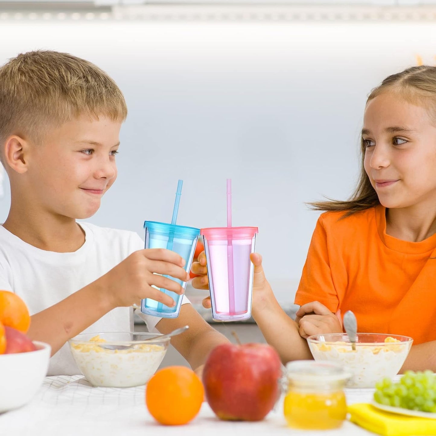 4 Pieces Insulated Double Wall Plastic Tumbler with Lids and Straws Reusable Transparent Plastic Cup 16 oz Tumbler Bulk for Coffee Drinks Milk Tea Juice, Pink, Blue, Green, Purple