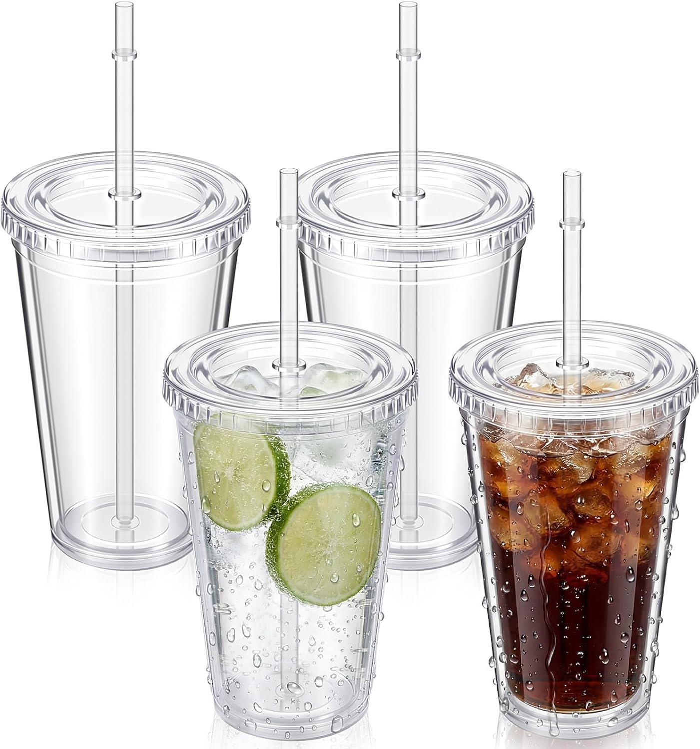 4 Pieces Insulated Double Wall Plastic Tumbler with Lids and Straws Reusable Transparent Plastic Cup 16 oz Tumbler Bulk for Coffee Drinks Milk Tea Juice, Pink, Blue, Green, Purple