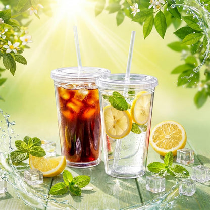 4 Pieces Insulated Double Wall Plastic Tumbler with Lids and Straws Reusable Transparent Plastic Cup 16 oz Tumbler Bulk for Coffee Drinks Milk Tea Juice, Pink, Blue, Green, Purple