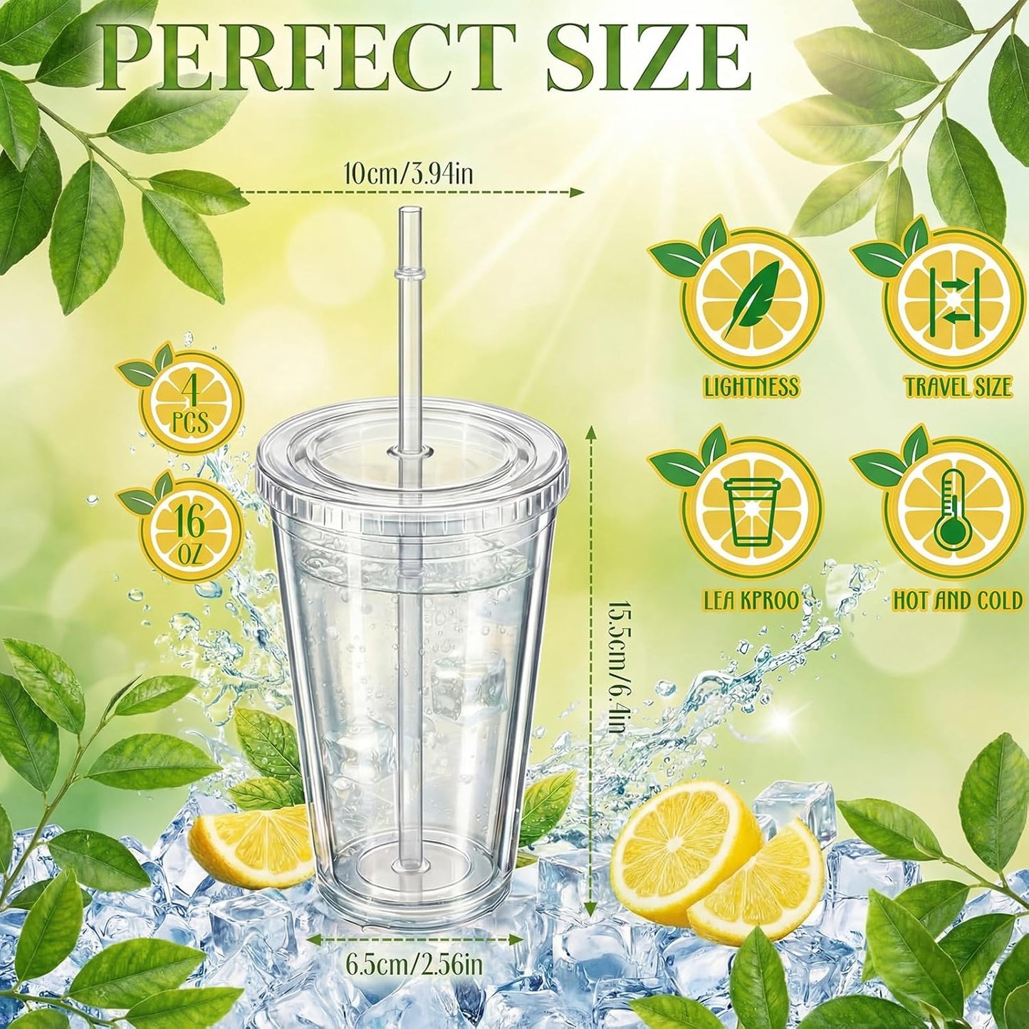 4 Pieces Insulated Double Wall Plastic Tumbler with Lids and Straws Reusable Transparent Plastic Cup 16 oz Tumbler Bulk for Coffee Drinks Milk Tea Juice, Pink, Blue, Green, Purple