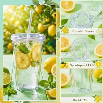 4 Pieces Insulated Double Wall Plastic Tumbler with Lids and Straws Reusable Transparent Plastic Cup 16 oz Tumbler Bulk for Coffee Drinks Milk Tea Juice, Pink, Blue, Green, Purple