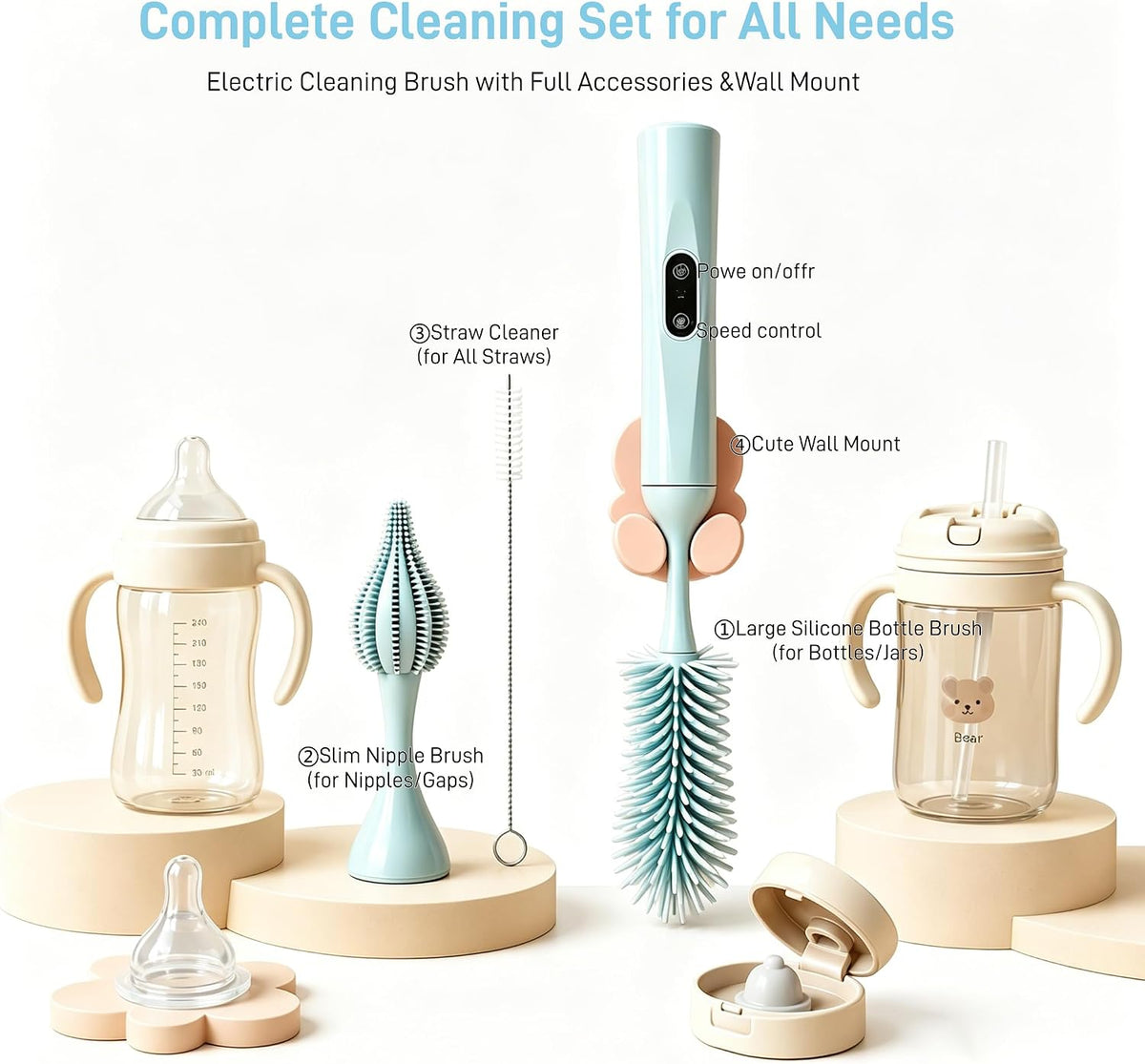 Rechargeable Electric Bottle Brush, Powerful Auto Spinning Baby Bottle Cleaner with Silicone Bristles, Multifunctional Electric Cleaning Brush for Bottles, Sippy Cups & Water Bottles, BPA-Free (Pink)