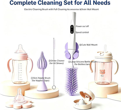 Rechargeable Electric Bottle Brush, Powerful Auto Spinning Baby Bottle Cleaner with Silicone Bristles, Multifunctional Electric Cleaning Brush for Bottles, Sippy Cups & Water Bottles, BPA-Free (Pink)