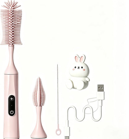 Rechargeable Electric Bottle Brush, Powerful Auto Spinning Baby Bottle Cleaner with Silicone Bristles, Multifunctional Electric Cleaning Brush for Bottles, Sippy Cups & Water Bottles, BPA-Free (Pink)