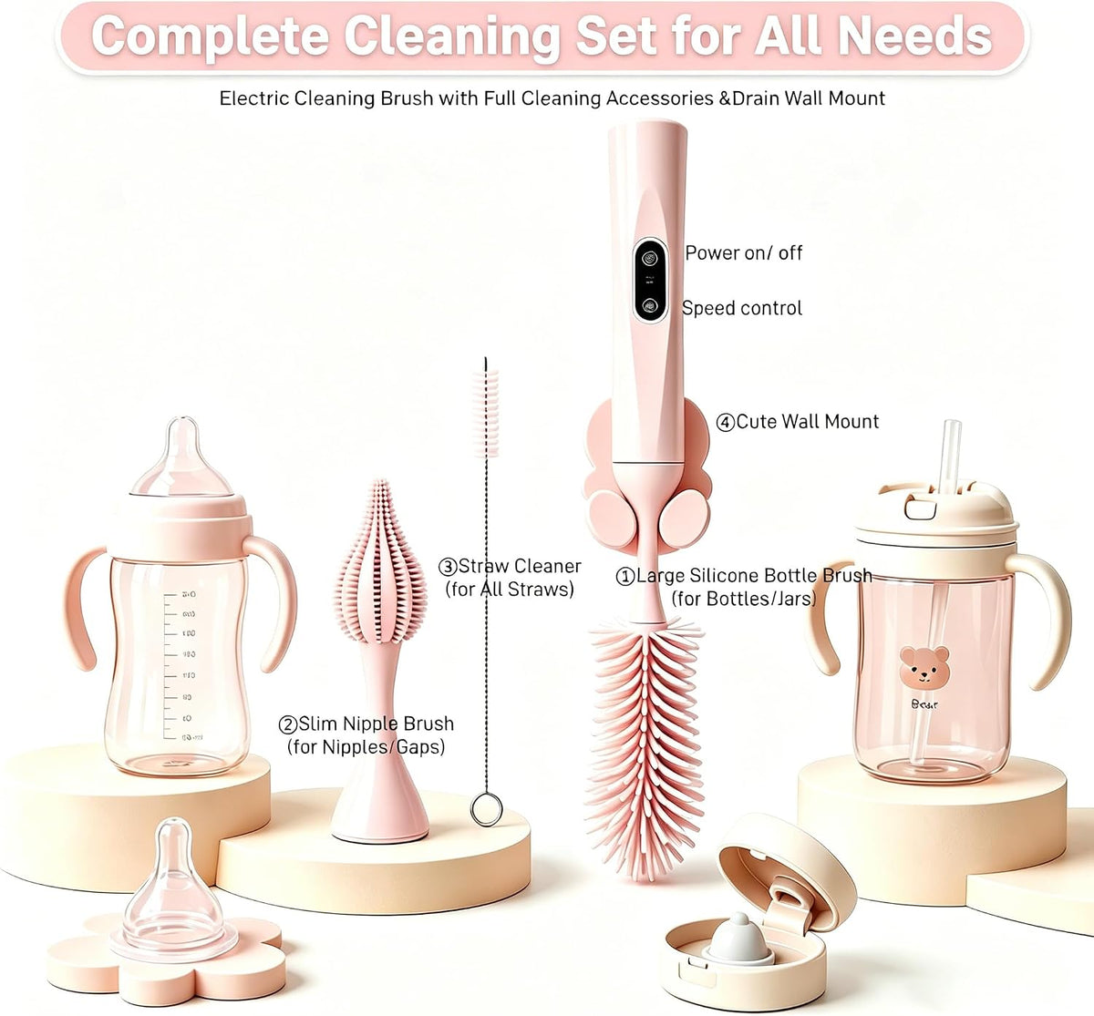 Rechargeable Electric Bottle Brush, Powerful Auto Spinning Baby Bottle Cleaner with Silicone Bristles, Multifunctional Electric Cleaning Brush for Bottles, Sippy Cups & Water Bottles, BPA-Free (Pink)