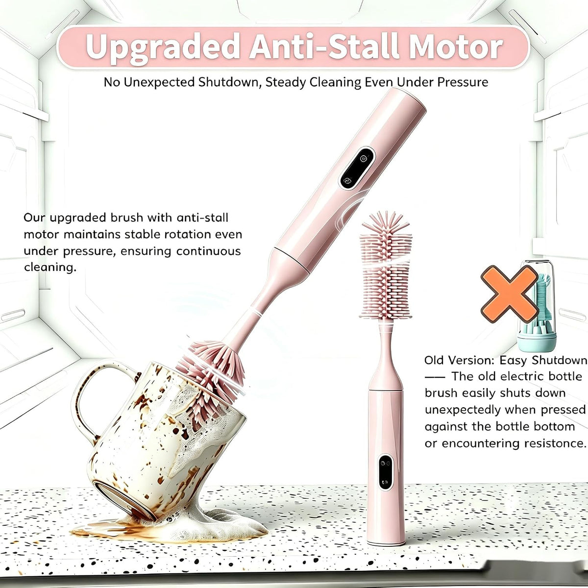 Rechargeable Electric Bottle Brush, Powerful Auto Spinning Baby Bottle Cleaner with Silicone Bristles, Multifunctional Electric Cleaning Brush for Bottles, Sippy Cups & Water Bottles, BPA-Free (Pink)
