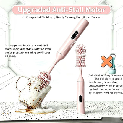 Rechargeable Electric Bottle Brush, Powerful Auto Spinning Baby Bottle Cleaner with Silicone Bristles, Multifunctional Electric Cleaning Brush for Bottles, Sippy Cups & Water Bottles, BPA-Free (Pink)