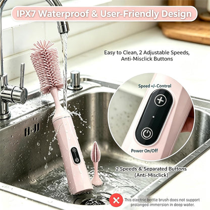 Rechargeable Electric Bottle Brush, Powerful Auto Spinning Baby Bottle Cleaner with Silicone Bristles, Multifunctional Electric Cleaning Brush for Bottles, Sippy Cups & Water Bottles, BPA-Free (Pink)