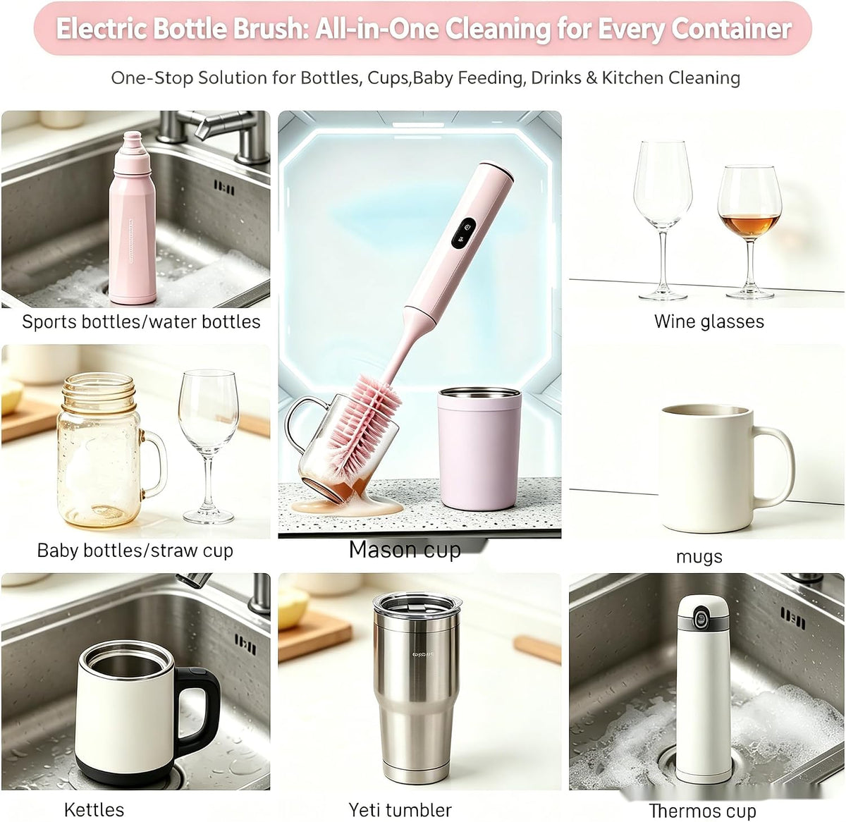 Rechargeable Electric Bottle Brush, Powerful Auto Spinning Baby Bottle Cleaner with Silicone Bristles, Multifunctional Electric Cleaning Brush for Bottles, Sippy Cups & Water Bottles, BPA-Free (Pink)