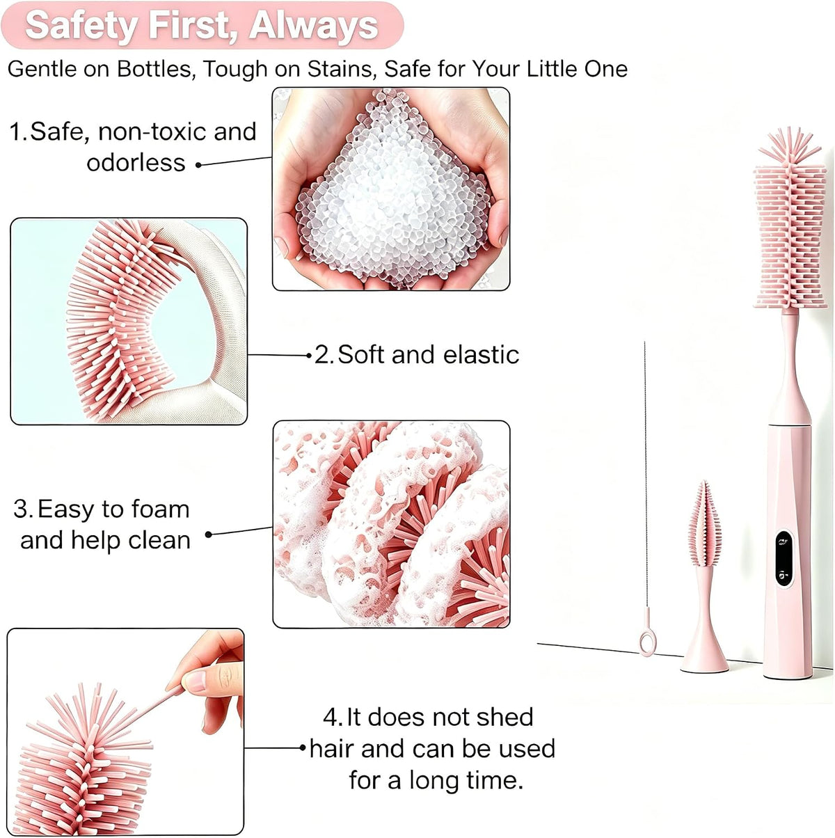 Rechargeable Electric Bottle Brush, Powerful Auto Spinning Baby Bottle Cleaner with Silicone Bristles, Multifunctional Electric Cleaning Brush for Bottles, Sippy Cups & Water Bottles, BPA-Free (Pink)