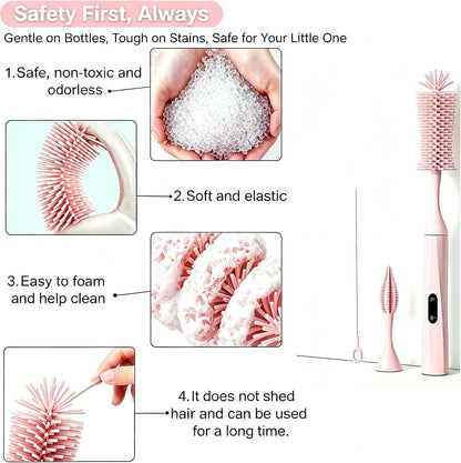 Rechargeable Electric Bottle Brush, Powerful Auto Spinning Baby Bottle Cleaner with Silicone Bristles, Multifunctional Electric Cleaning Brush for Bottles, Sippy Cups & Water Bottles, BPA-Free (Pink)