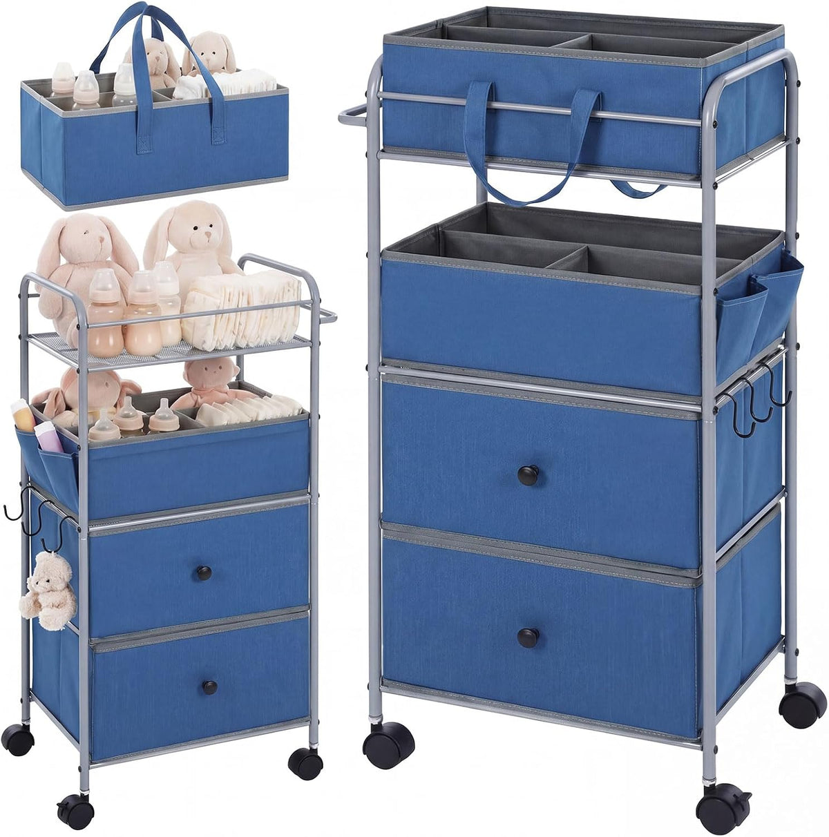 3In1 Baby Diaper Caddy Organizer Cart 4 Tier Large Capacity Metal Utility Bedside Rolling Cart with Divider Newborn Registry Nursery Essential Must Have Bedroom Gift Baby Shower (Blue)