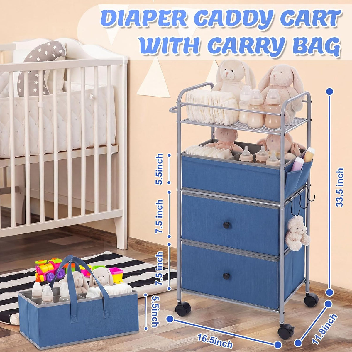 3In1 Baby Diaper Caddy Organizer Cart 4 Tier Large Capacity Metal Utility Bedside Rolling Cart with Divider Newborn Registry Nursery Essential Must Have Bedroom Gift Baby Shower (Blue)