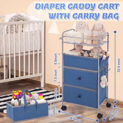 3In1 Baby Diaper Caddy Organizer Cart 4 Tier Large Capacity Metal Utility Bedside Rolling Cart with Divider Newborn Registry Nursery Essential Must Have Bedroom Gift Baby Shower (Blue)