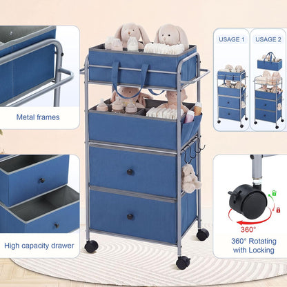 3In1 Baby Diaper Caddy Organizer Cart 4 Tier Large Capacity Metal Utility Bedside Rolling Cart with Divider Newborn Registry Nursery Essential Must Have Bedroom Gift Baby Shower (Blue)
