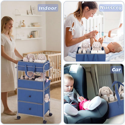 3In1 Baby Diaper Caddy Organizer Cart 4 Tier Large Capacity Metal Utility Bedside Rolling Cart with Divider Newborn Registry Nursery Essential Must Have Bedroom Gift Baby Shower (Blue)