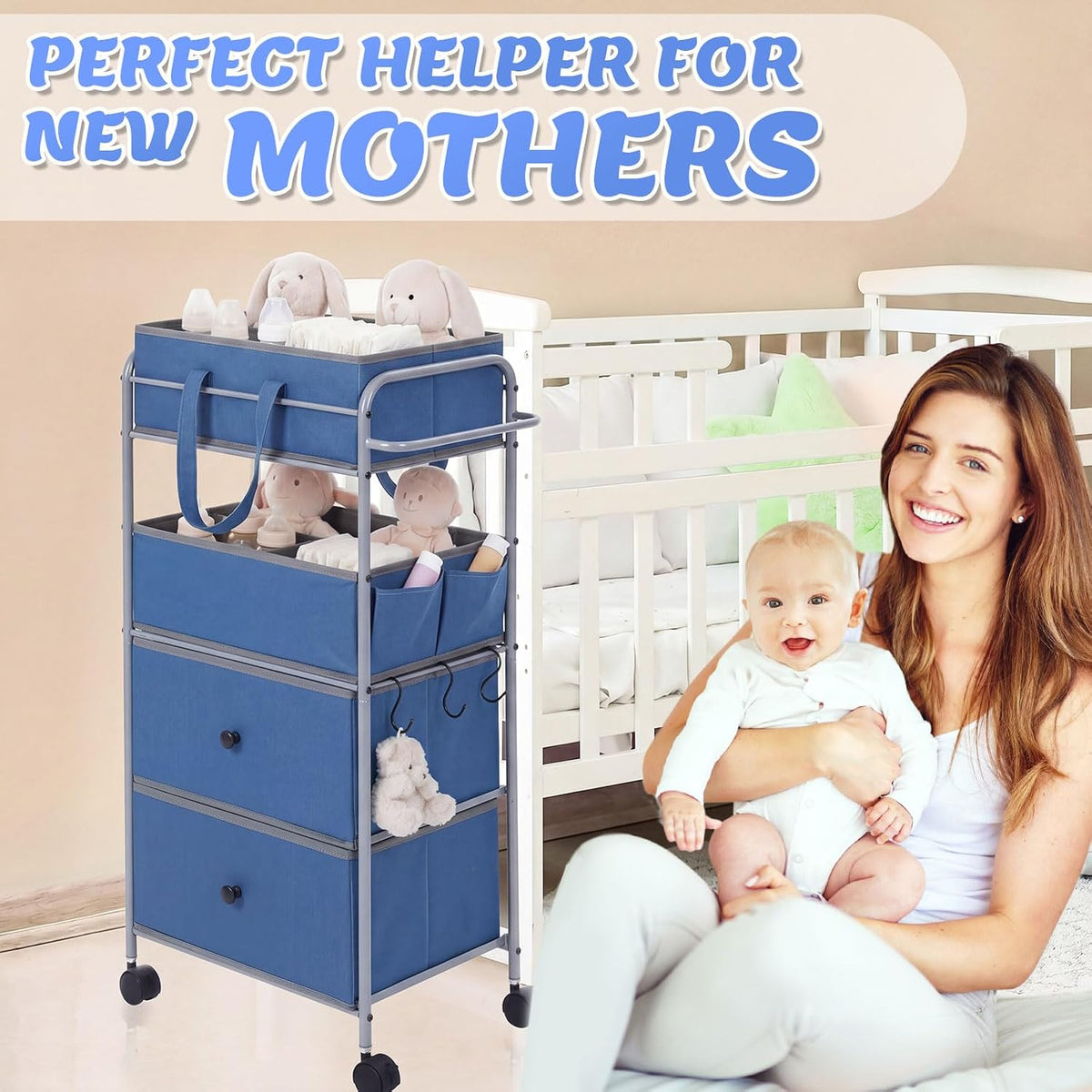 3In1 Baby Diaper Caddy Organizer Cart 4 Tier Large Capacity Metal Utility Bedside Rolling Cart with Divider Newborn Registry Nursery Essential Must Have Bedroom Gift Baby Shower (Blue)