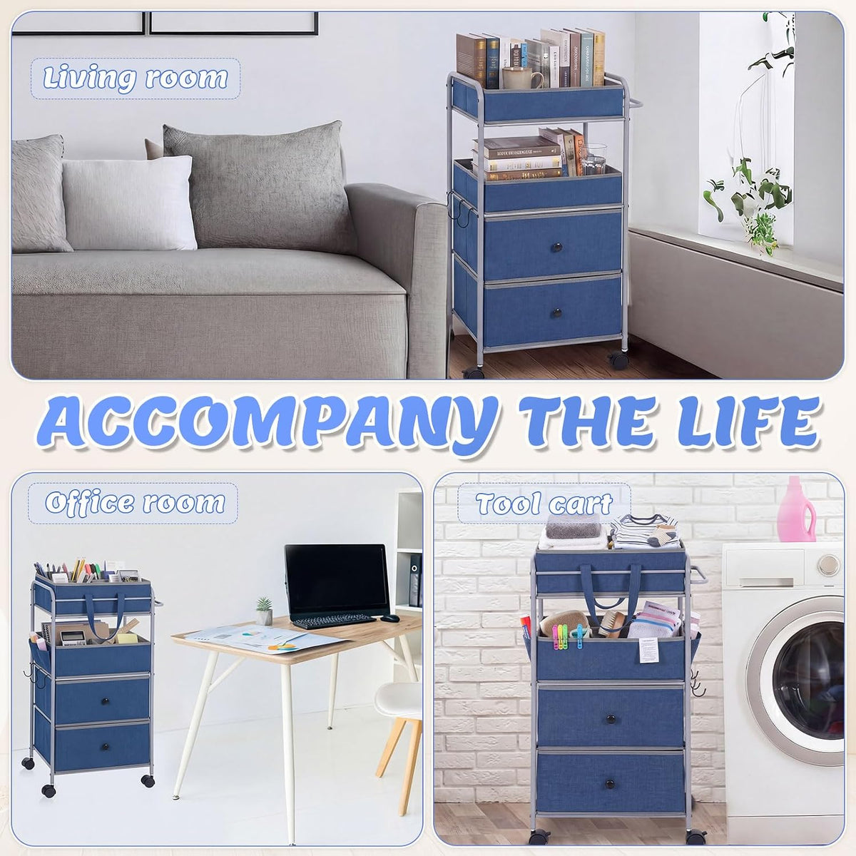 3In1 Baby Diaper Caddy Organizer Cart 4 Tier Large Capacity Metal Utility Bedside Rolling Cart with Divider Newborn Registry Nursery Essential Must Have Bedroom Gift Baby Shower (Blue)