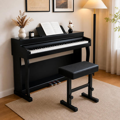 Adjustable Piano Bench, Keyboard Bench Seat with Padded PU Leather Cushion, H-Frame Piano Stool Chair, 4-Level Height Adjustable 18.1-21.3 in, 250lb Capacity, Black