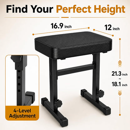 Adjustable Piano Bench, Keyboard Bench Seat with Padded PU Leather Cushion, H-Frame Piano Stool Chair, 4-Level Height Adjustable 18.1-21.3 in, 250lb Capacity, Black