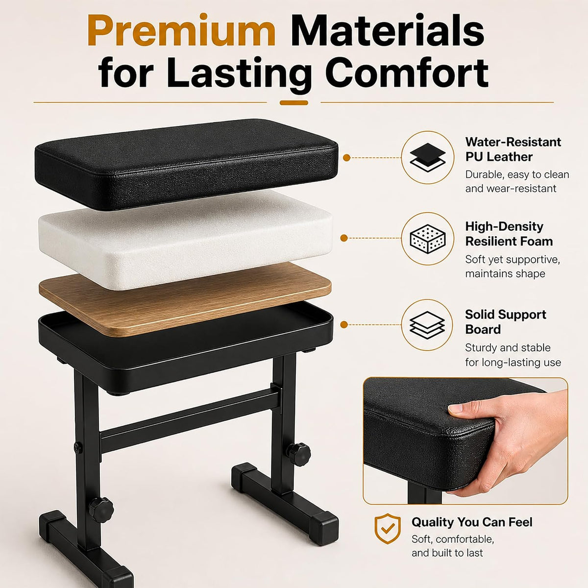 Adjustable Piano Bench, Keyboard Bench Seat with Padded PU Leather Cushion, H-Frame Piano Stool Chair, 4-Level Height Adjustable 18.1-21.3 in, 250lb Capacity, Black