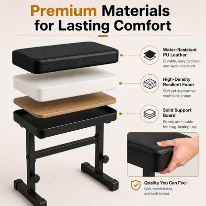 Adjustable Piano Bench, Keyboard Bench Seat with Padded PU Leather Cushion, H-Frame Piano Stool Chair, 4-Level Height Adjustable 18.1-21.3 in, 250lb Capacity, Black