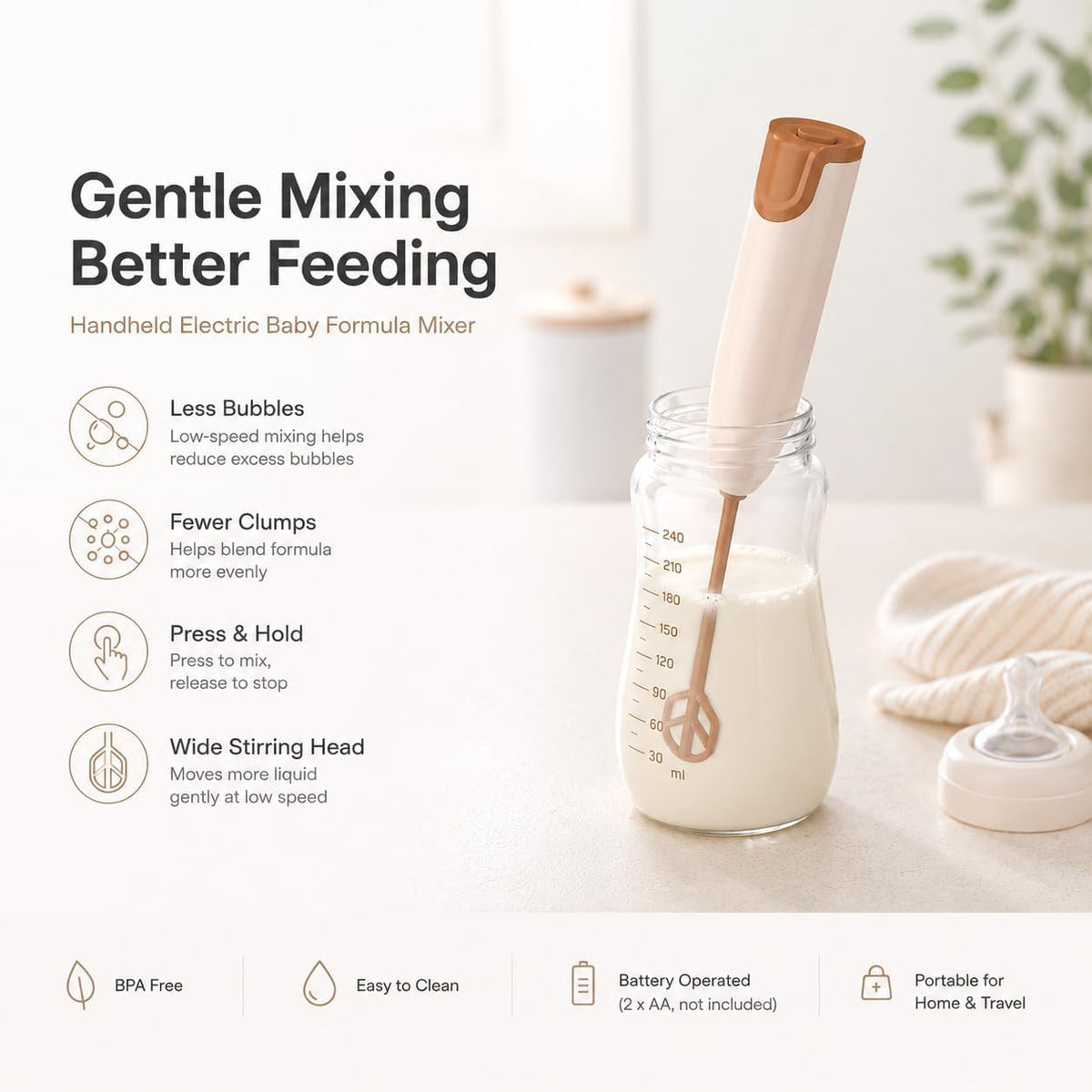 Handheld Electric Baby Formula Mixer with 2 Stirring Sticks, Battery Operated Bottle Mixer, Portable Low-Speed Stirrer for Baby Bottles, Formula, Protein Powder, Coffee, Home, Travel and Office Use
