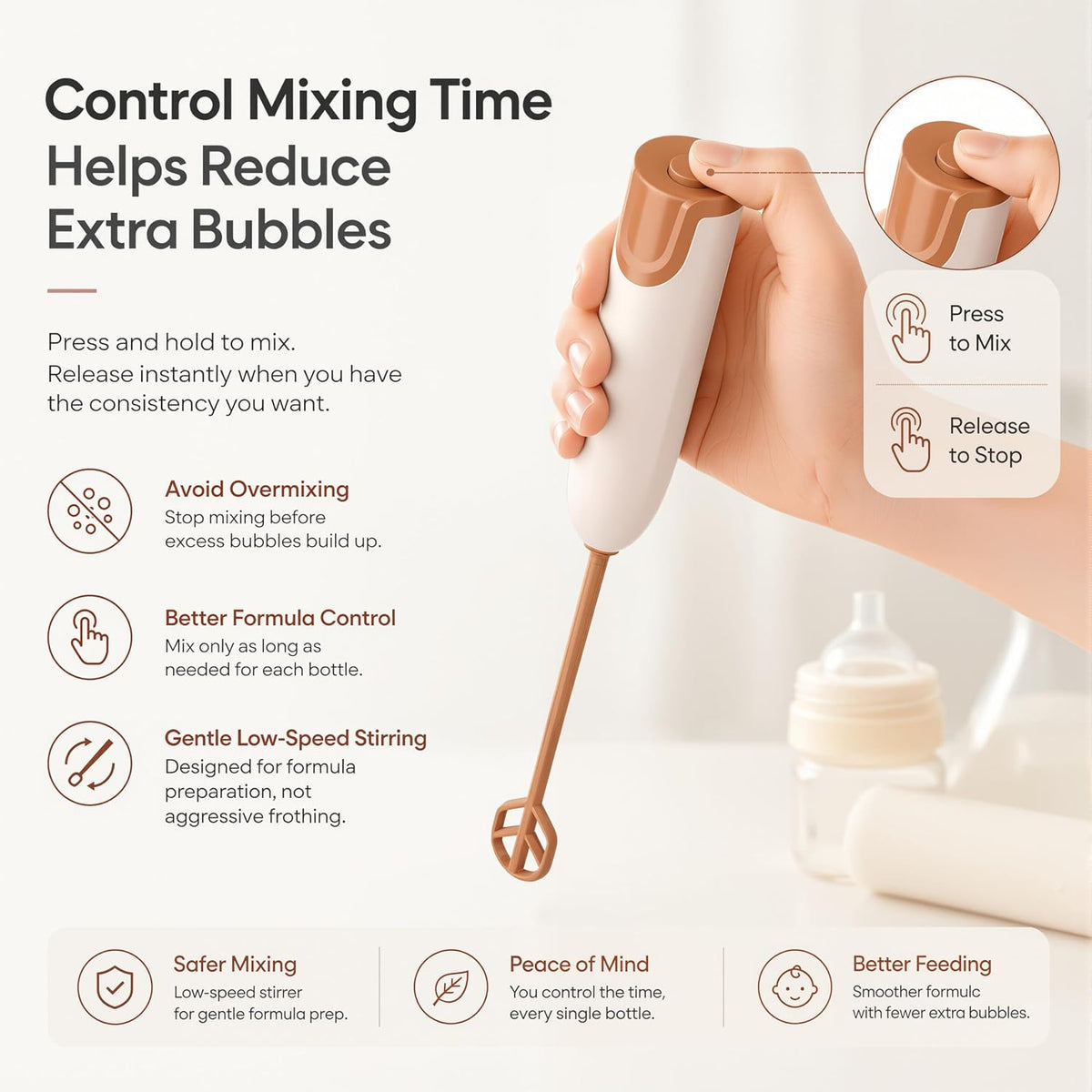 Handheld Electric Baby Formula Mixer with 2 Stirring Sticks, Battery Operated Bottle Mixer, Portable Low-Speed Stirrer for Baby Bottles, Formula, Protein Powder, Coffee, Home, Travel and Office Use