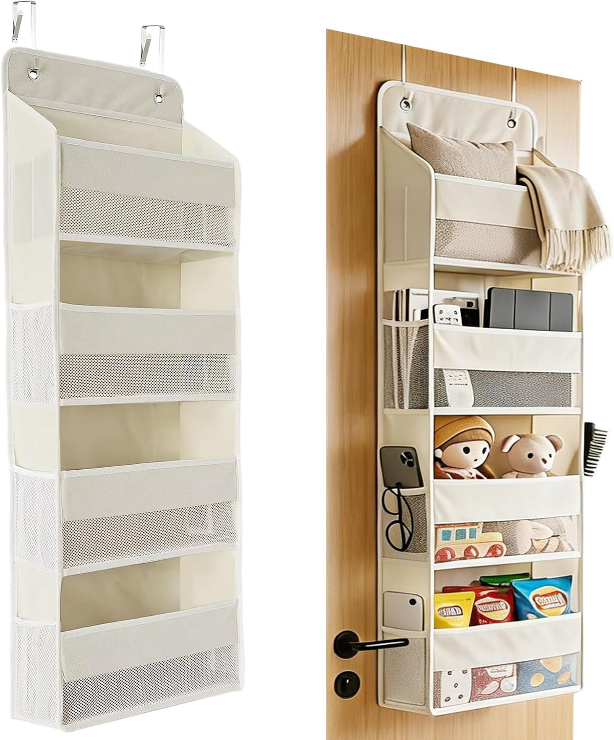 Over the Door Organizer, Door Storage Organizer with Large Capacity Pockets, Hanging Shelves for Bedroom, Closet, Dorm, Pantry (Grey, 4-Tier)