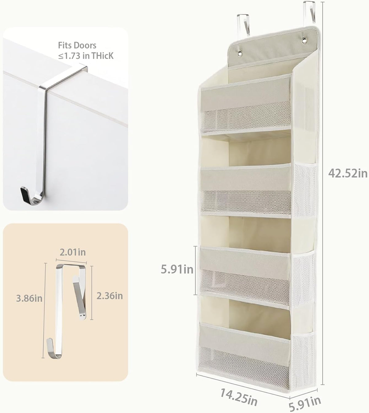 Over the Door Organizer, Door Storage Organizer with Large Capacity Pockets, Hanging Shelves for Bedroom, Closet, Dorm, Pantry (Grey, 4-Tier)
