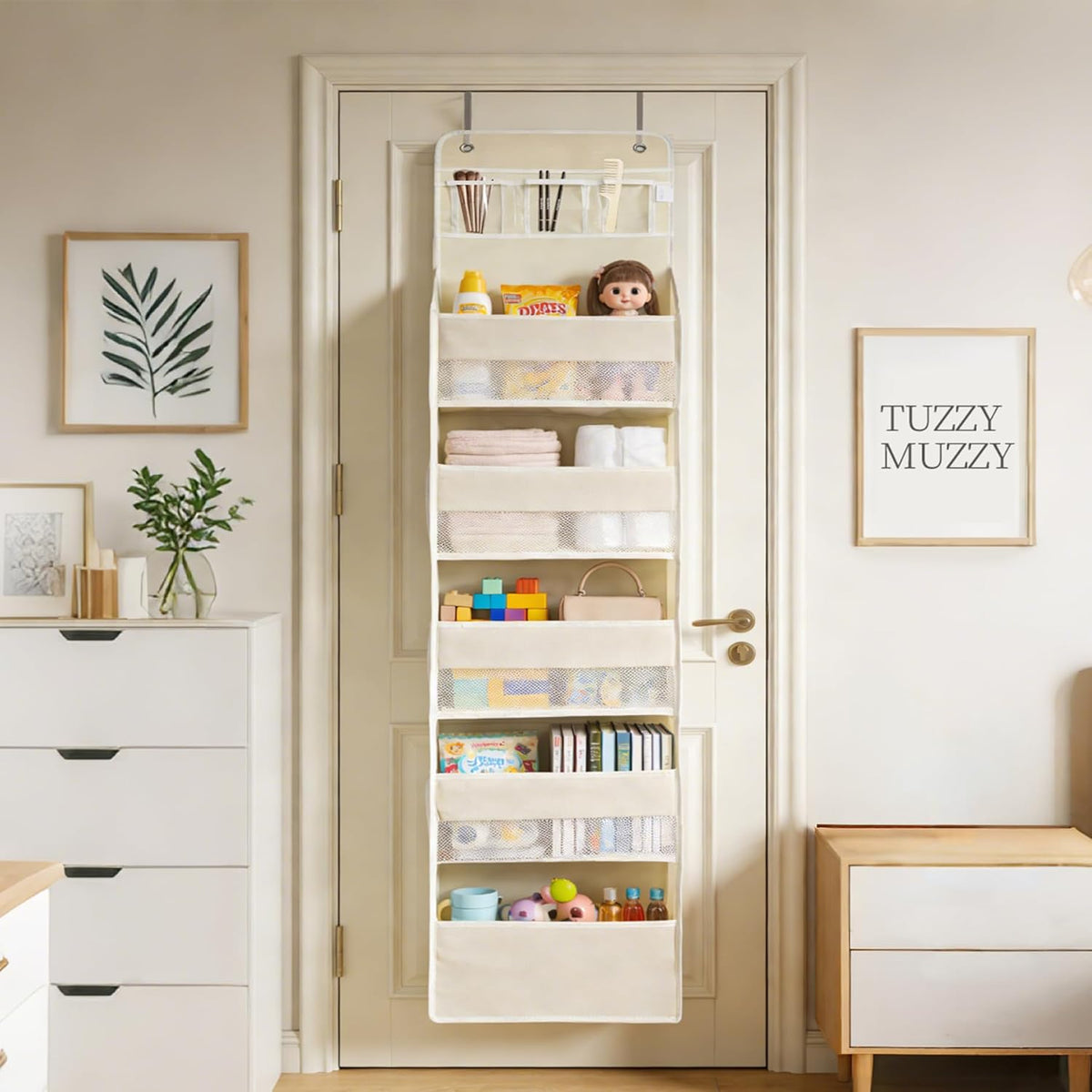 Over the Door Organizer, Door Storage Organizer with Large Capacity Pockets, Hanging Shelves for Bedroom, Closet, Dorm, Pantry (Grey, 4-Tier)