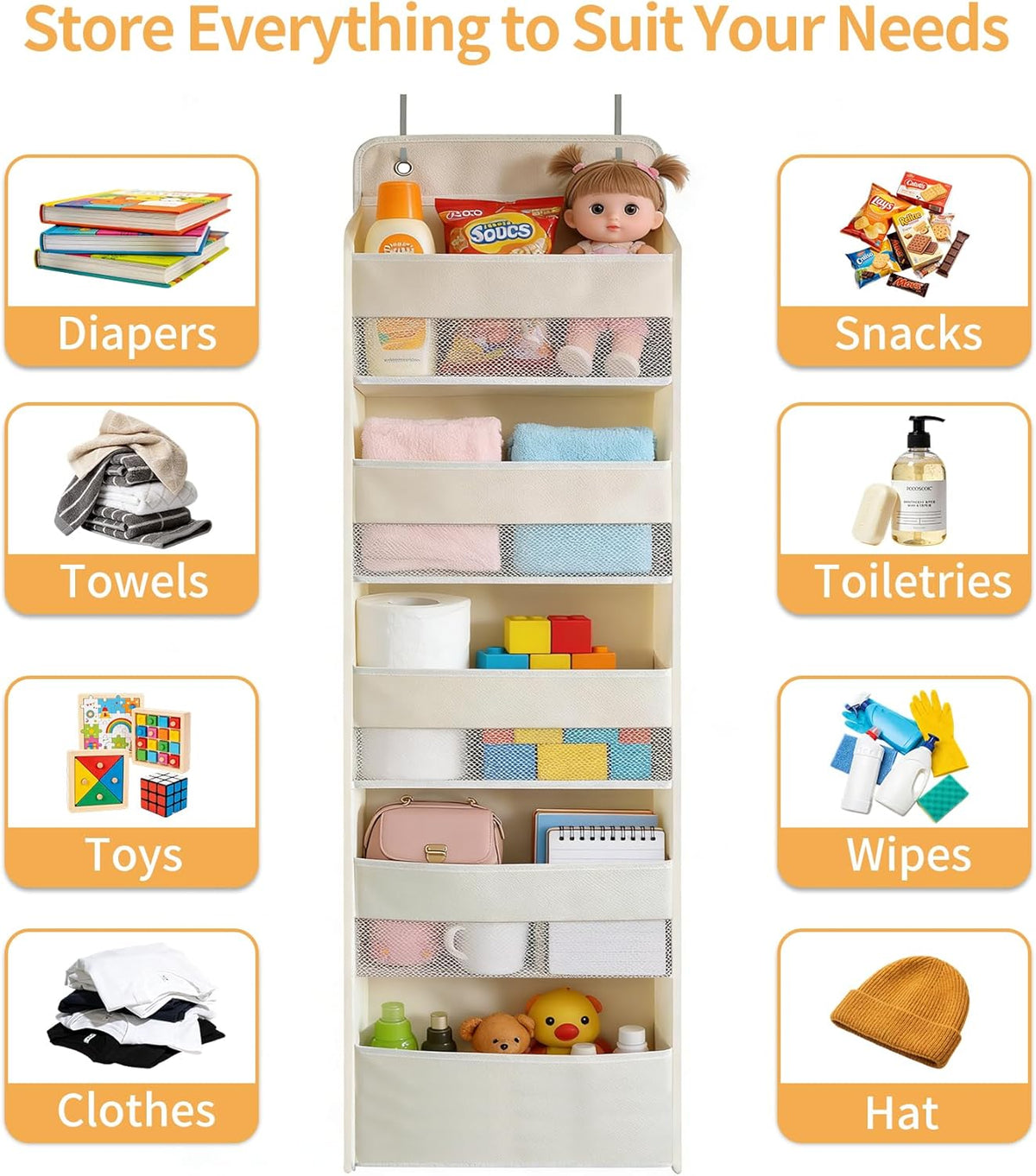 Over the Door Organizer, Door Storage Organizer with Large Capacity Pockets, Hanging Shelves for Bedroom, Closet, Dorm, Pantry (Grey, 4-Tier)